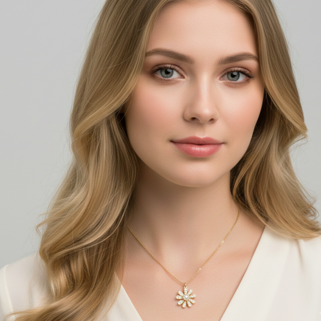 Golden Glow Blossom Necklace – Pearl Center with Shimmering Petals-1