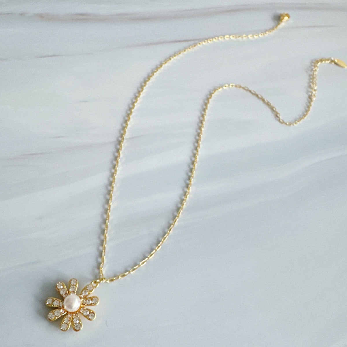 Golden Glow Blossom Necklace – Pearl Center with Shimmering Petals-2