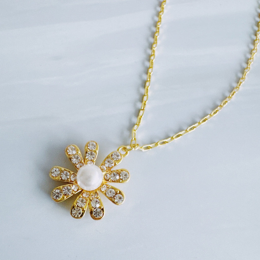 Golden Glow Blossom Necklace – Pearl Center with Shimmering Petals-3