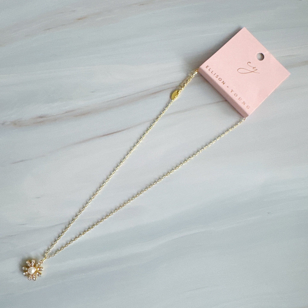 Golden Glow Blossom Necklace – Pearl Center with Shimmering Petals-4