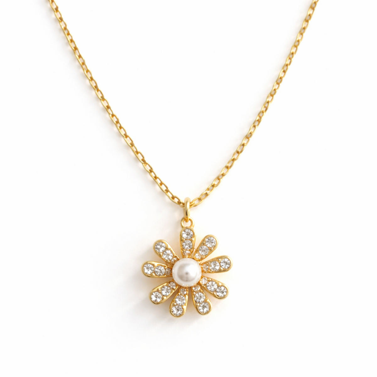 Golden Glow Blossom Necklace – Pearl Center with Shimmering Petals-0